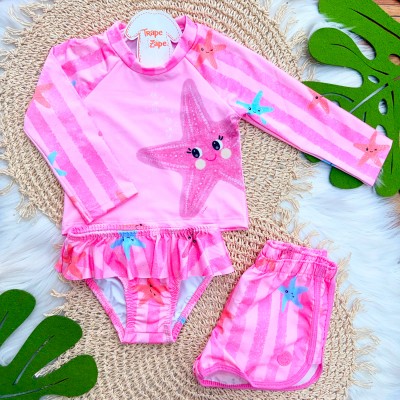 Linha Praia 3 Peças - Blusa Manga Longa Estrela do Mar, Short e Calcinha com Proteção UV50+ - Rosa